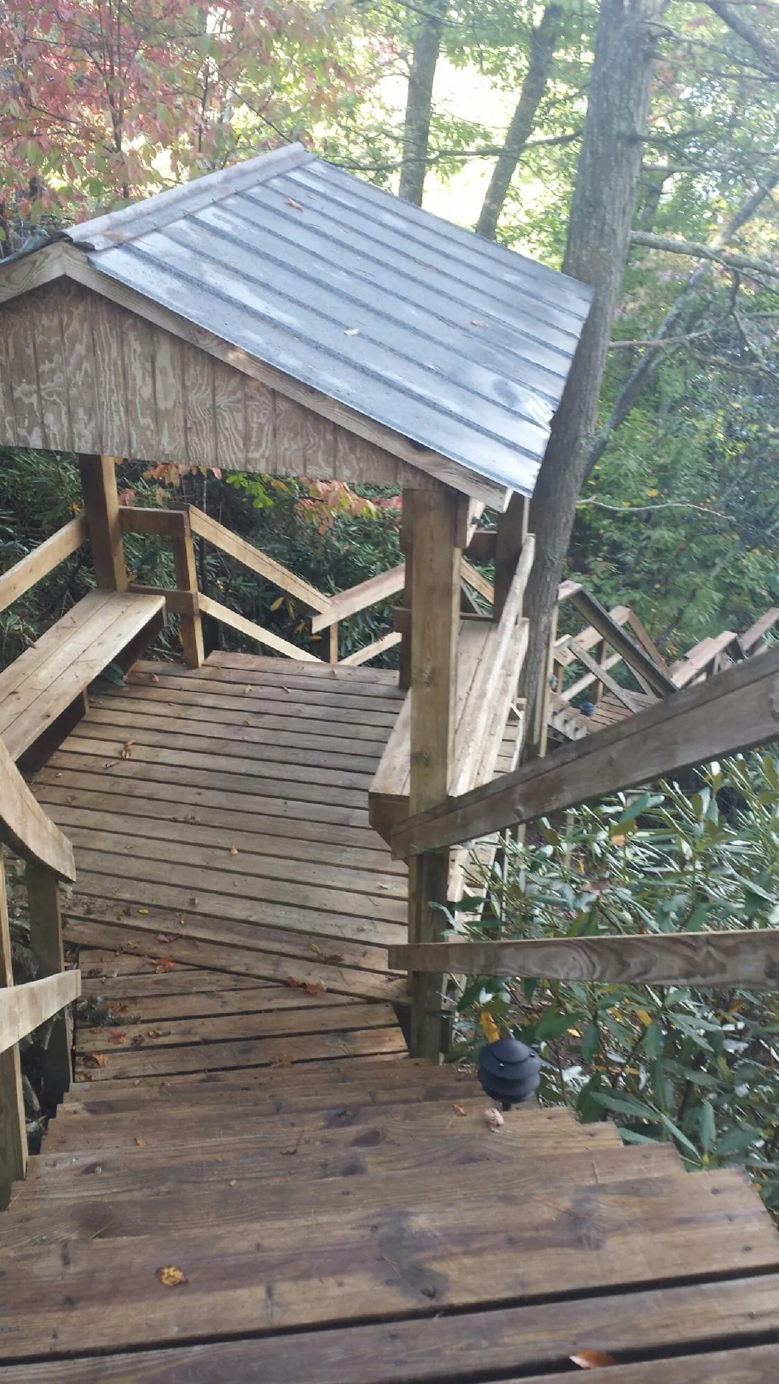 Metal roofed shelter over wooden steps on a wooded walkway — Skylight Repair & Installation work by our crew in Hereford